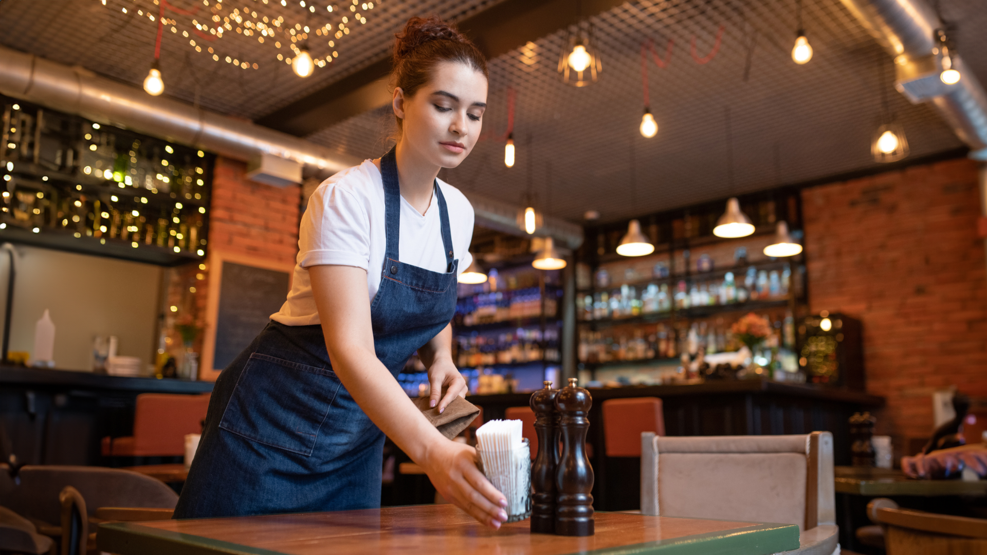 A waitress in an apron prepares a restaurant table for guests, arranging utensils and plates with care.