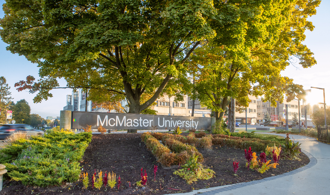 McMaster University sign prominently displayed in front of two large trees and lush bushes, showcasing the campus environment.