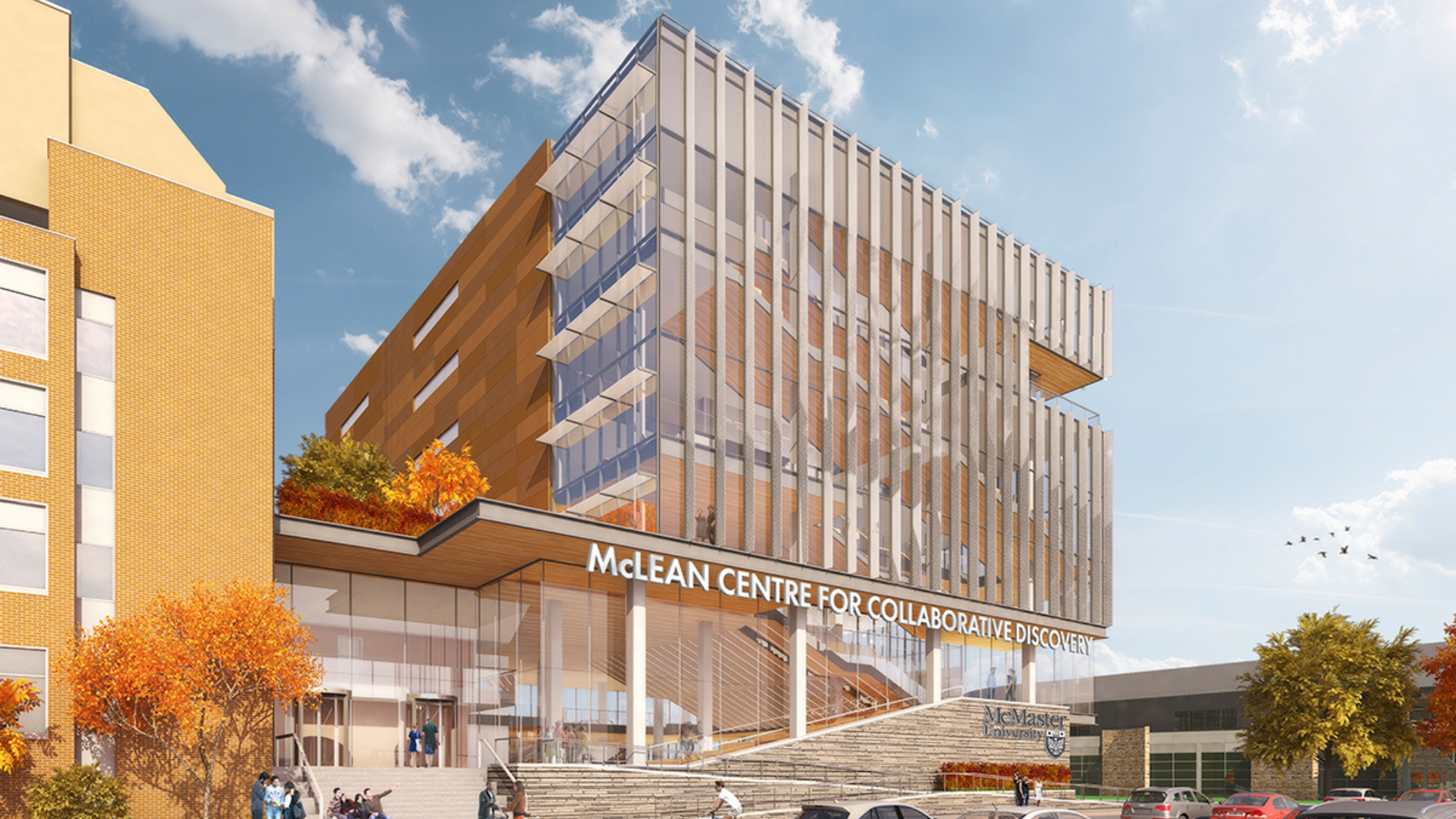 Concept image of McLean Centre for Collaborative Discovery, showcasing a new building at a street corner.