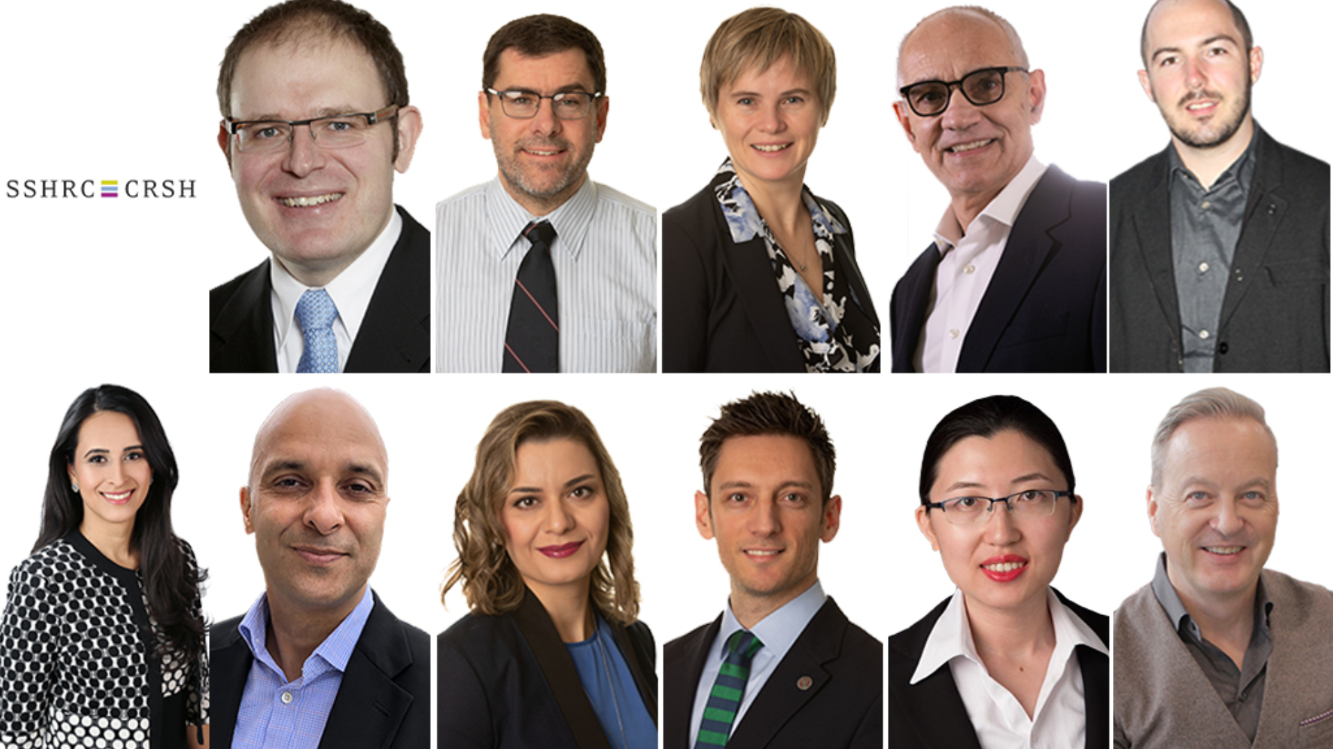 A group of 11 DeGroote researchers in business attire, featuring the SSHRC CRSH logo prominently displayed.