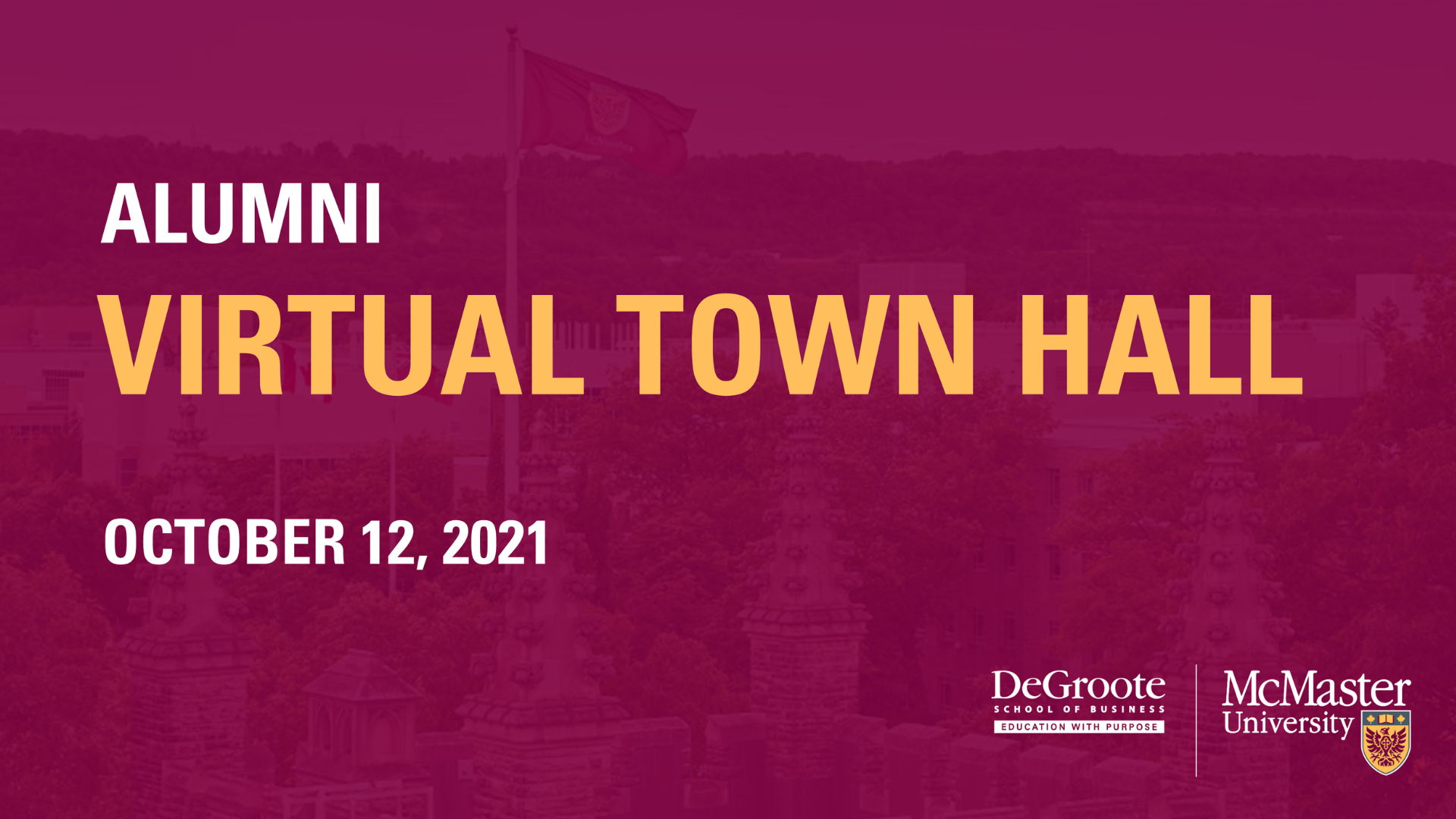 'Alumni Virtual Town Hall, October 21, 2021' displayed on a maroon backdrop.