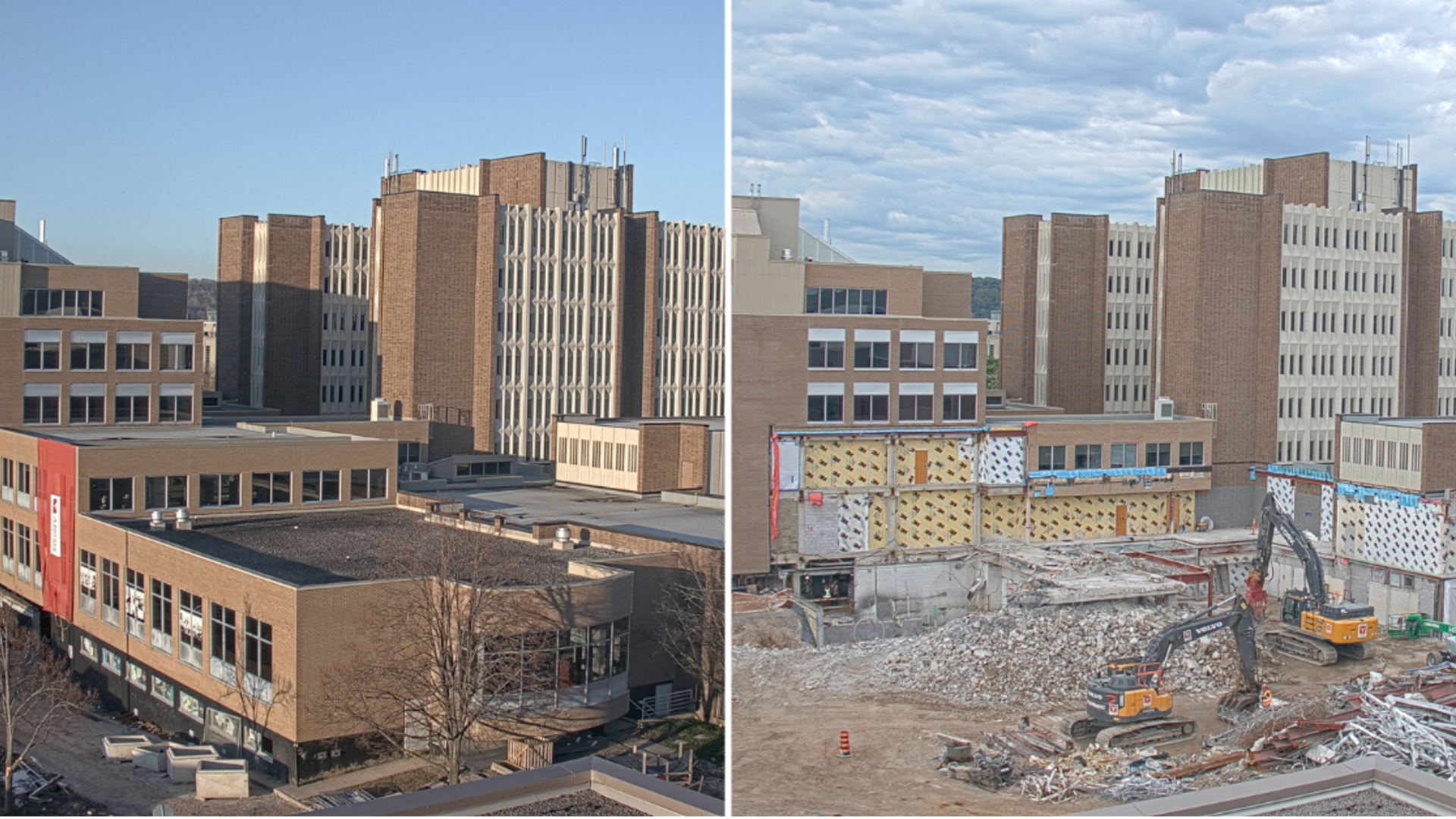 Two stages of a building under construction, highlighting the MCCD demolition before and after the project.