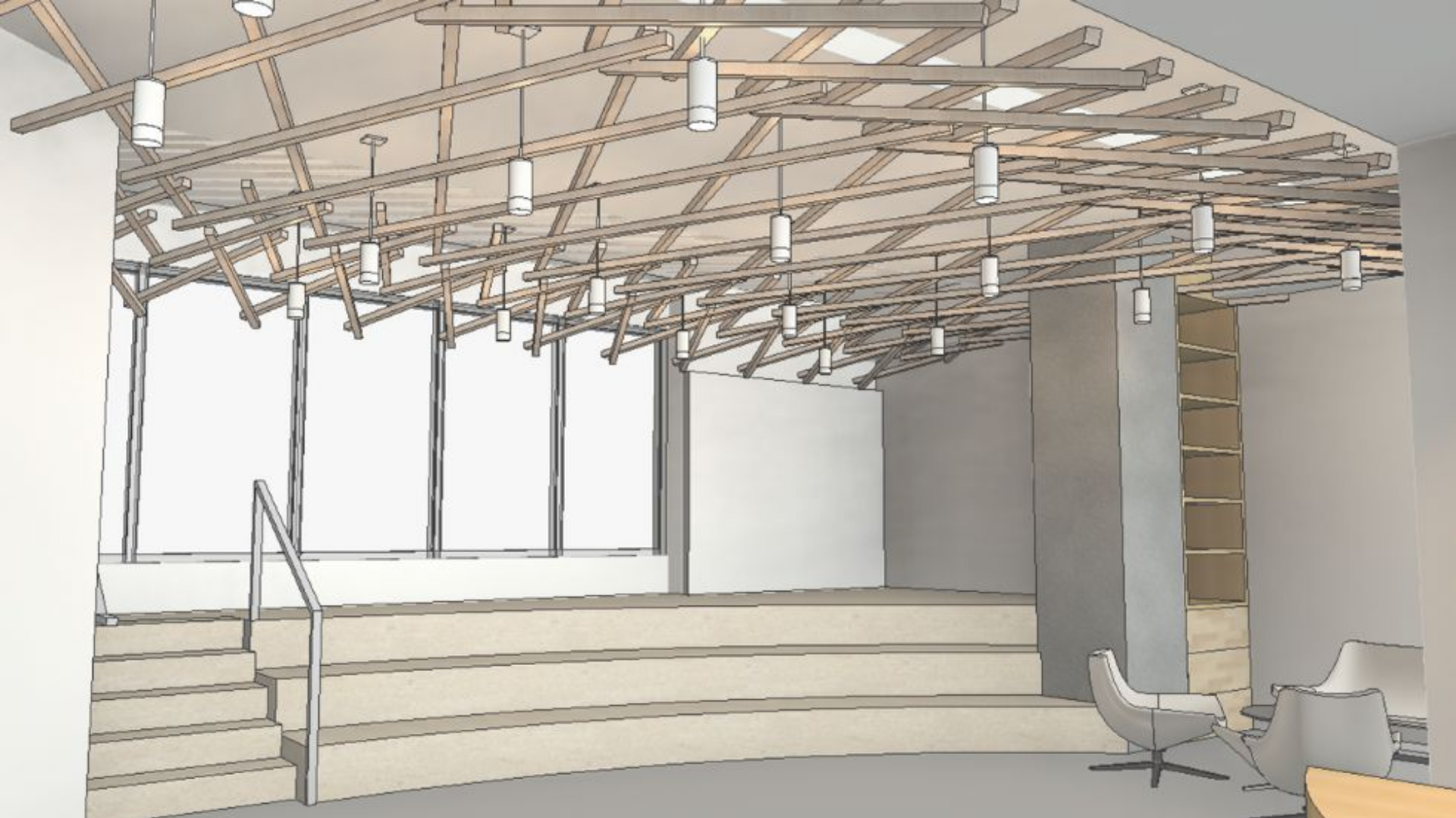 Interior rendering of McMaster University's learning space in Toronto, featuring a staircase and modern seating area with hanging ceiling lights.