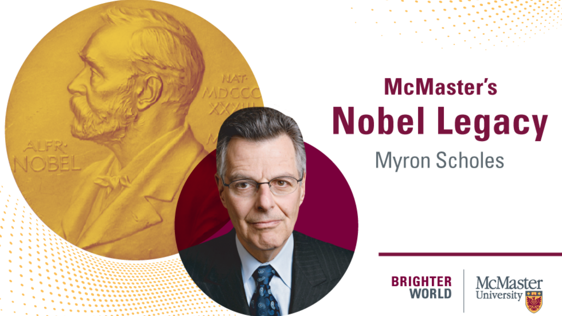 McMaster's Nobel Legacy featuring a smiling Myron Scholes, highlighting his contributions to economics.