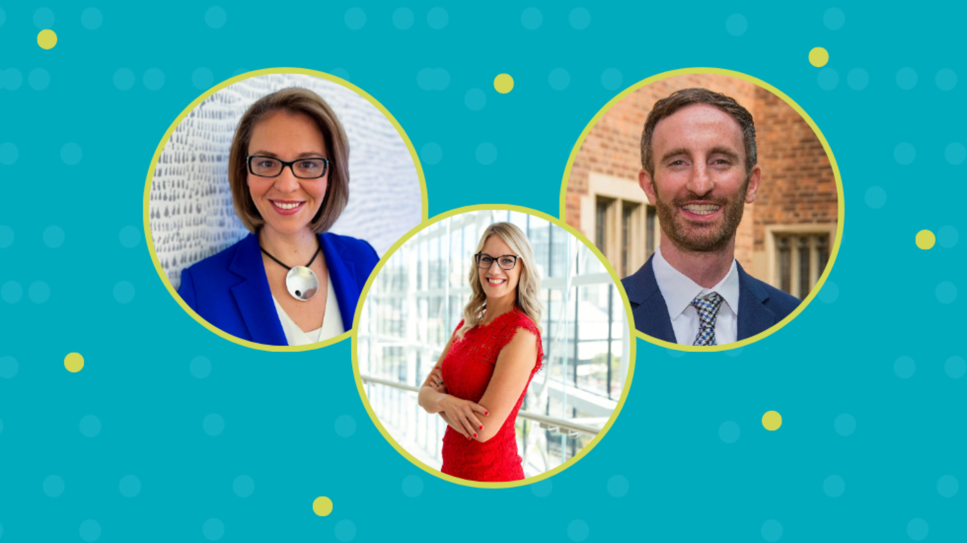 Meaghan Stovel McKnight, Jessica Bernat, and Mario De Divitiis, all smiling together in front of a blue backdrop.