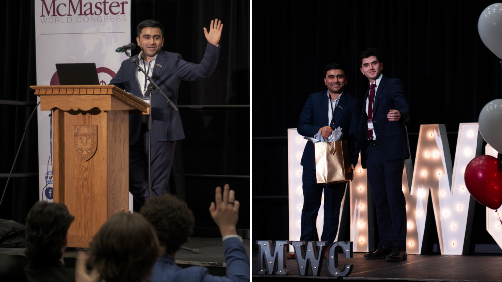 Two images: Prakash Koirala speaking with raised waving hand; Prakash and a McMaster graduate smiling and shaking hands.