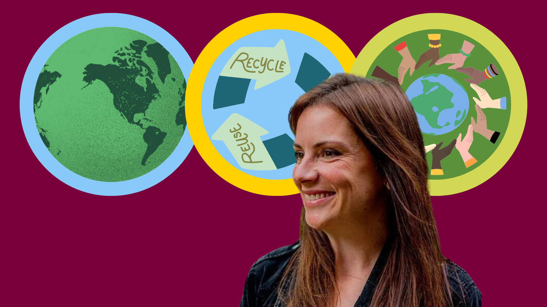 Lindsay Hampson smiling, with three circles behind her illustrating the earth, recycling, and sustainability.