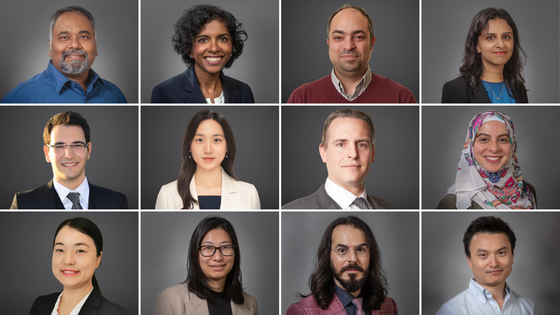 A collage featuring 12 newly hired DeGroote faculty members in business attire.