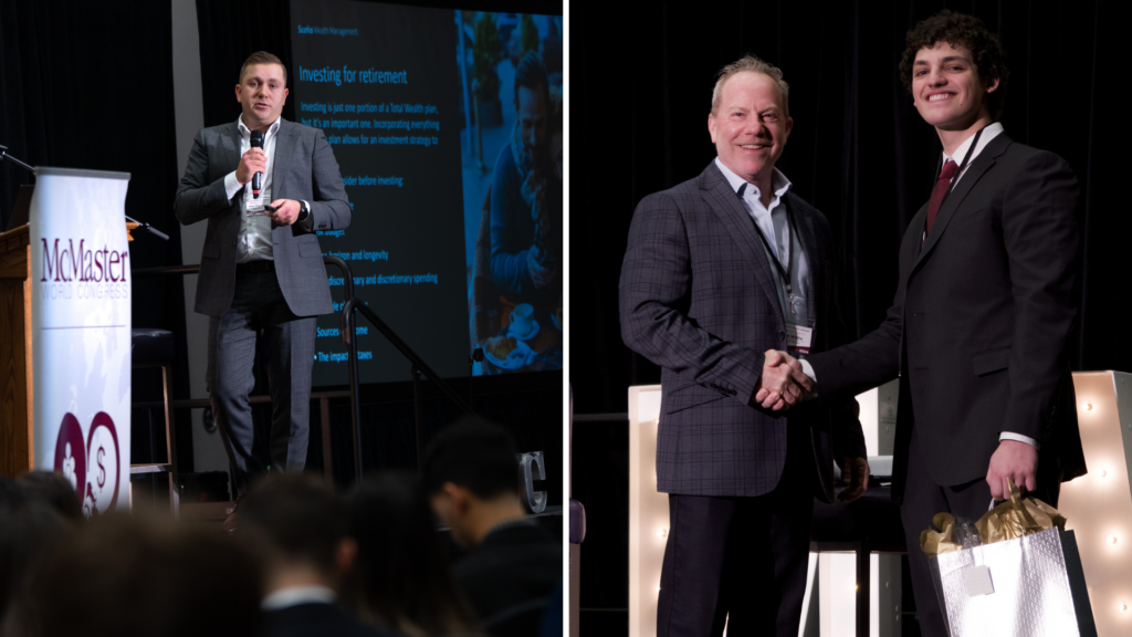 Two Images. Alex Pogacean presenting (left), and Rod White (right) and McMaster graduate, shaking hands and smiling.