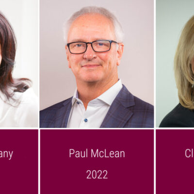 Three headshots: Indrani Butany-DeSouza in a white shirt, Paul McLean in a black suit, and Claire Gillies in a black top, all against a neutral background.