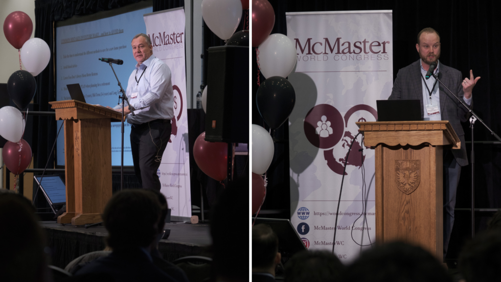 Two images of Stan Konda and John Hollingshead presenting, each standing behind a podium.