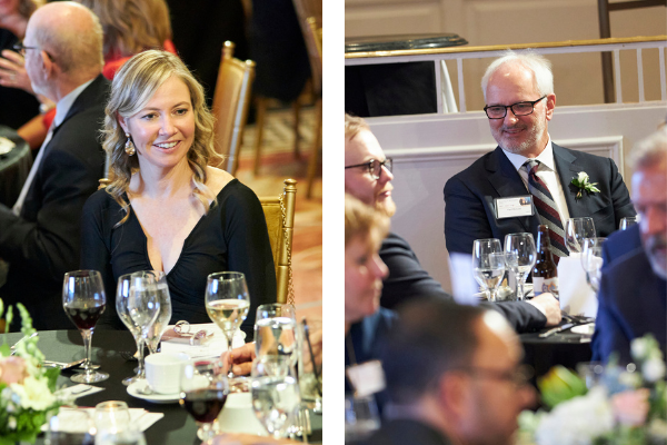 Two images of Claire Gilles and Paul McLean, Wayne C. Fox Awards recipients, seated at a dinner table during the celebration.