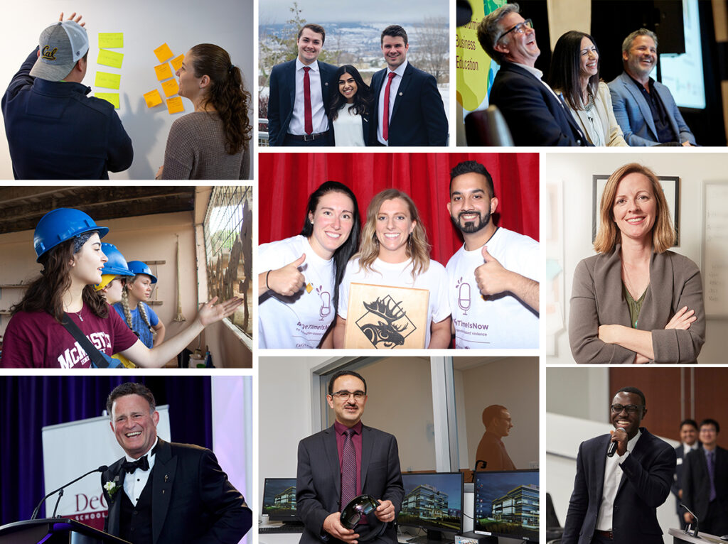 A collage showcasing DeGroote staff, faculty, and students in business attire, capturing significant moments from the year.