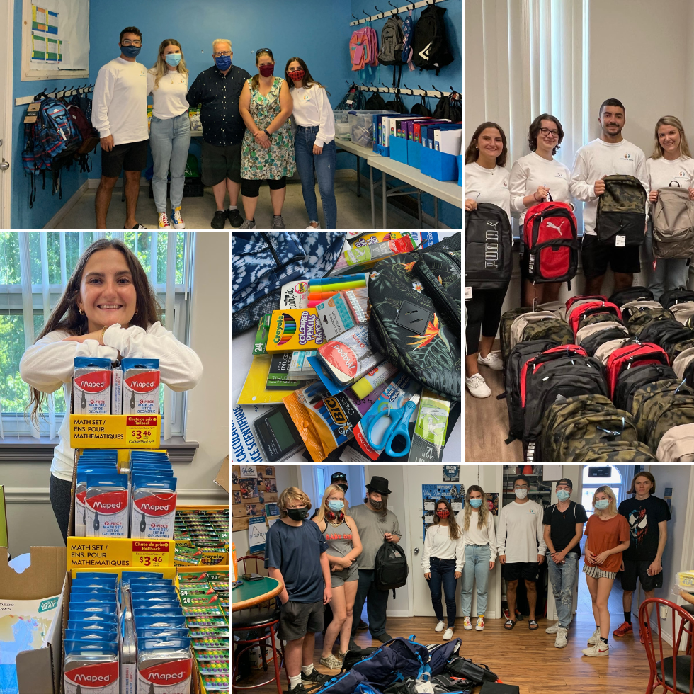 Photo collage of the school supplies and backpacks, and volunteers from several community organizations.