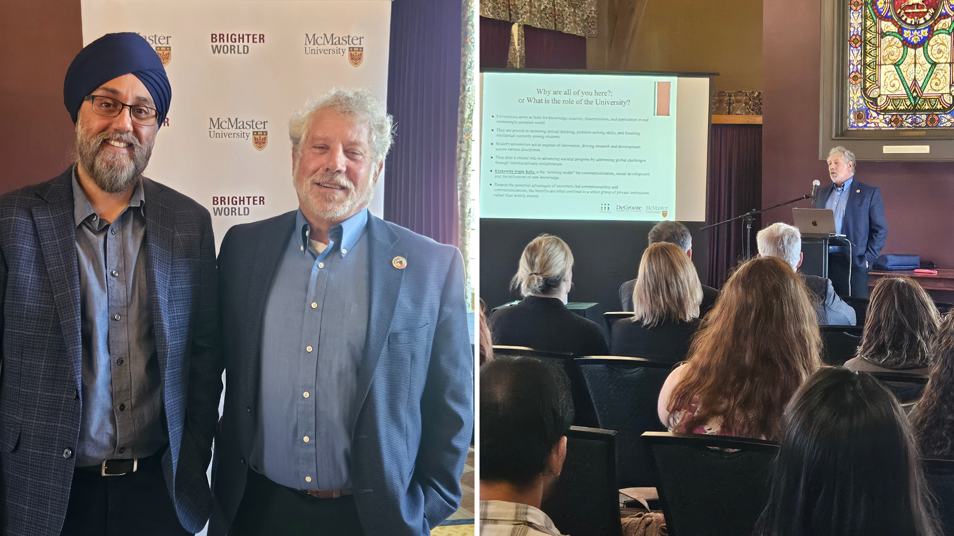 Two images of Benson Honig: one smiling while standing and another presenting in front of a screen.