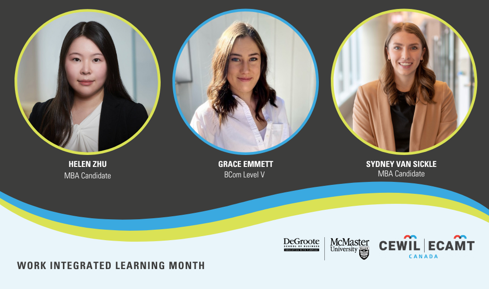 The smiling trio of the women in business attire, featuring their names and academic titles for Work Integrated Learning Month.