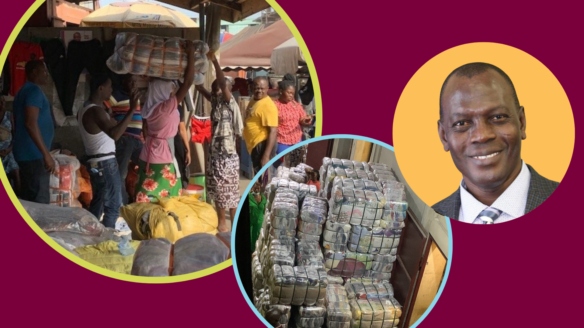 Three circular photos: one of people in Ghana moving packs of used clothes, one of a large block of used clothes wrapped in plastic, and one of Baniyelme Zoogah.