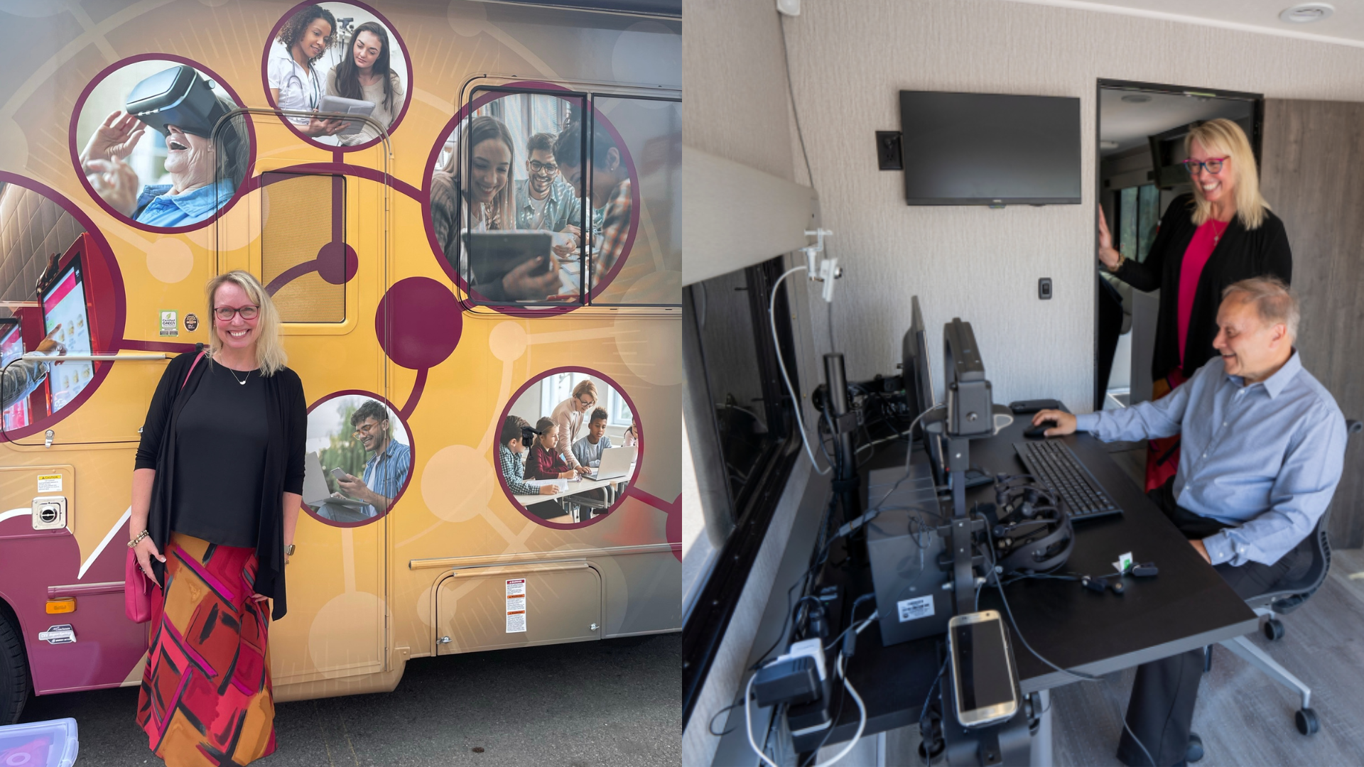 Dr Milena Head poses in front of the Mobile User Experience Lab, highlighting its research equipment-filled interior.