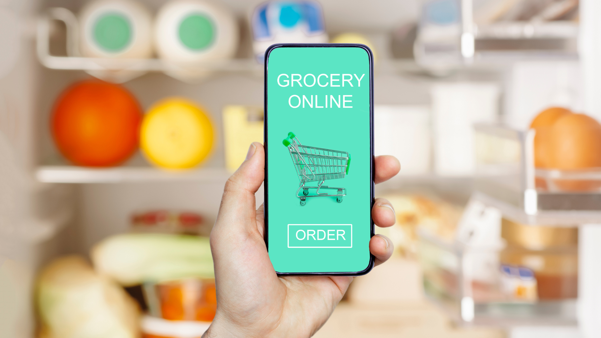 A person holding a smartphone displaying an online grocery store app.