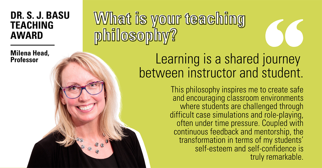 Milena Head smiling, with a quote about her teaching philosophy being ‘A shared journey between instructor and student.