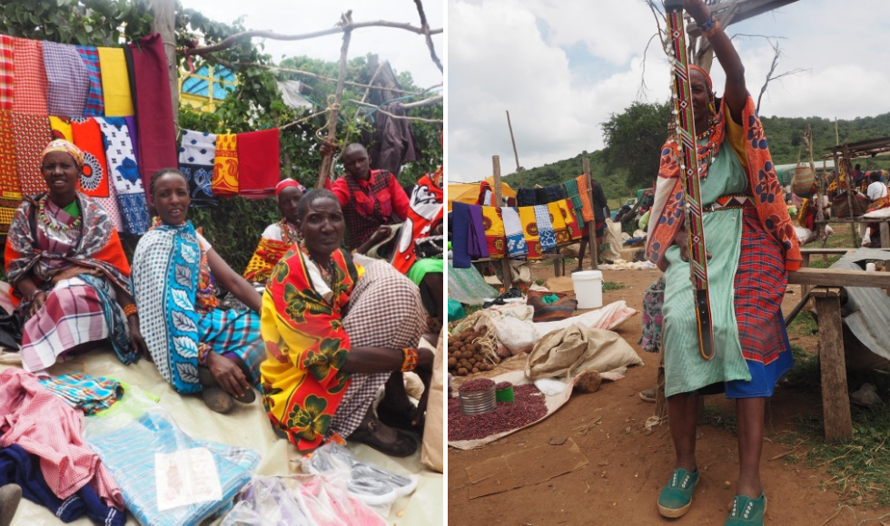 Three Kenyan women in traditional clothing sitting, with an additional woman in a market displaying a belt.