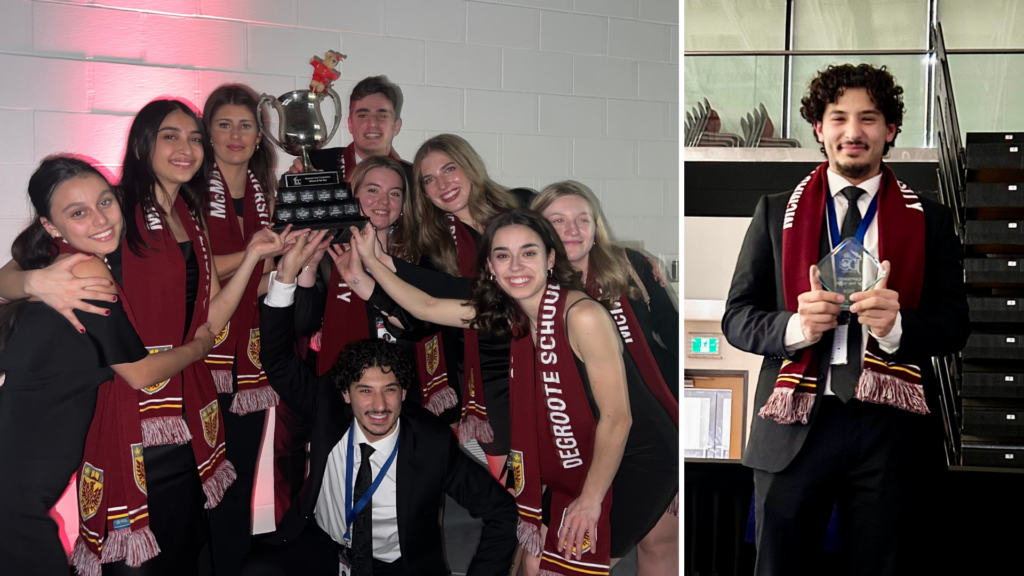 Two images: Nine DeGroote students in black tops and maroon scarves with a trophy, and Marcus Marchese with his award trophy.