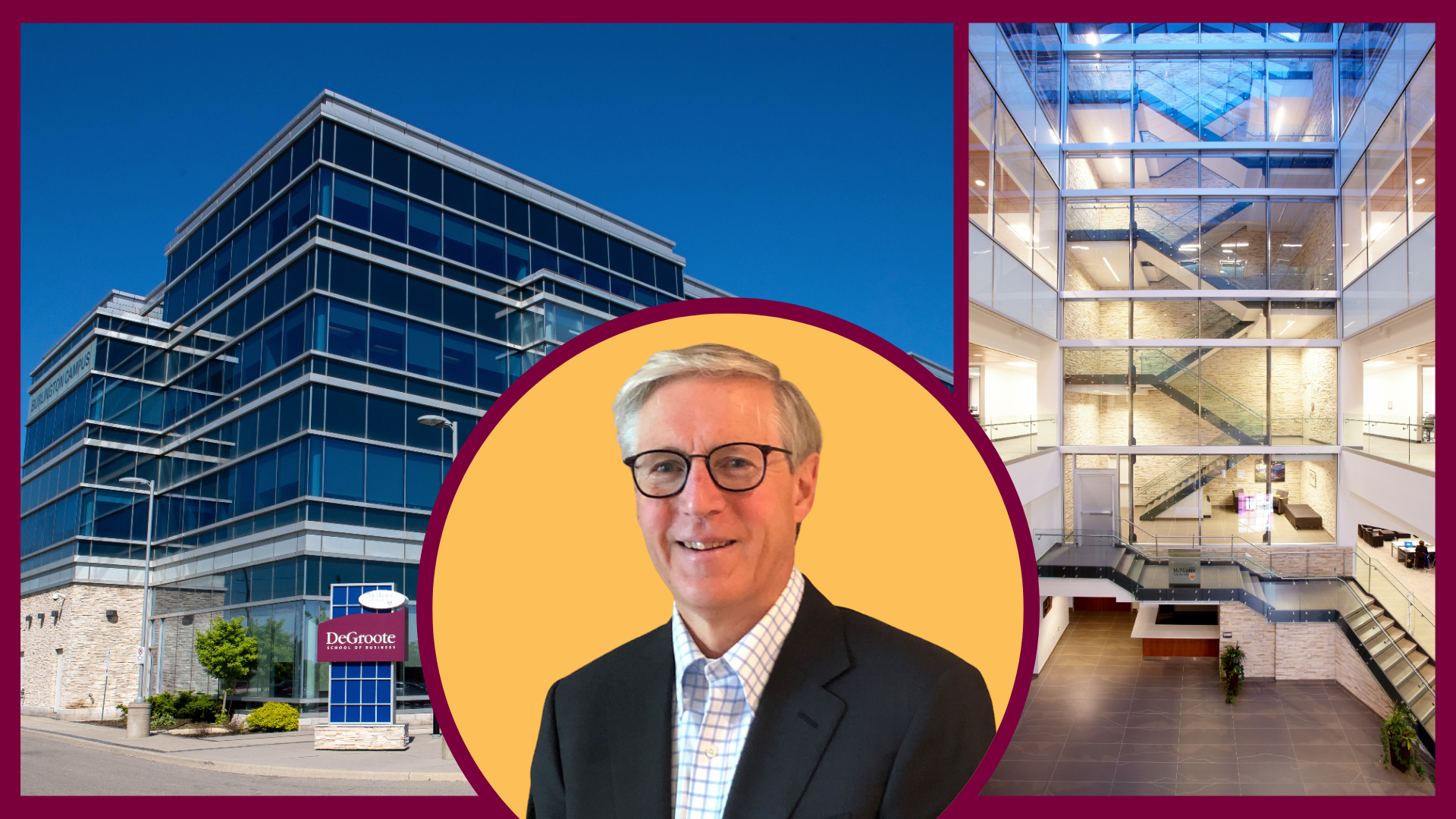 John Whelen in a suit and glasses, smiling with the Ron Joyce Centre building behind him.