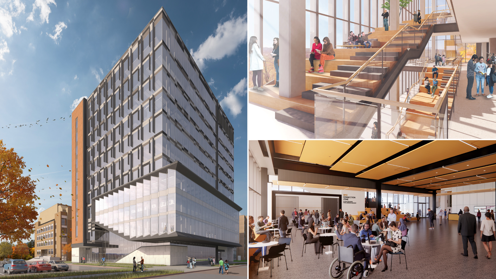 Renderings of The McLean Centre for Collaborative Discovery, showcasing both exterior and interior design concepts.