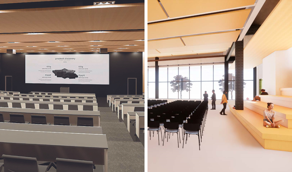 McLean Centre for Collaborative Discovery's interior showcasing a lecture hall and lounge area with stairs and a large window.