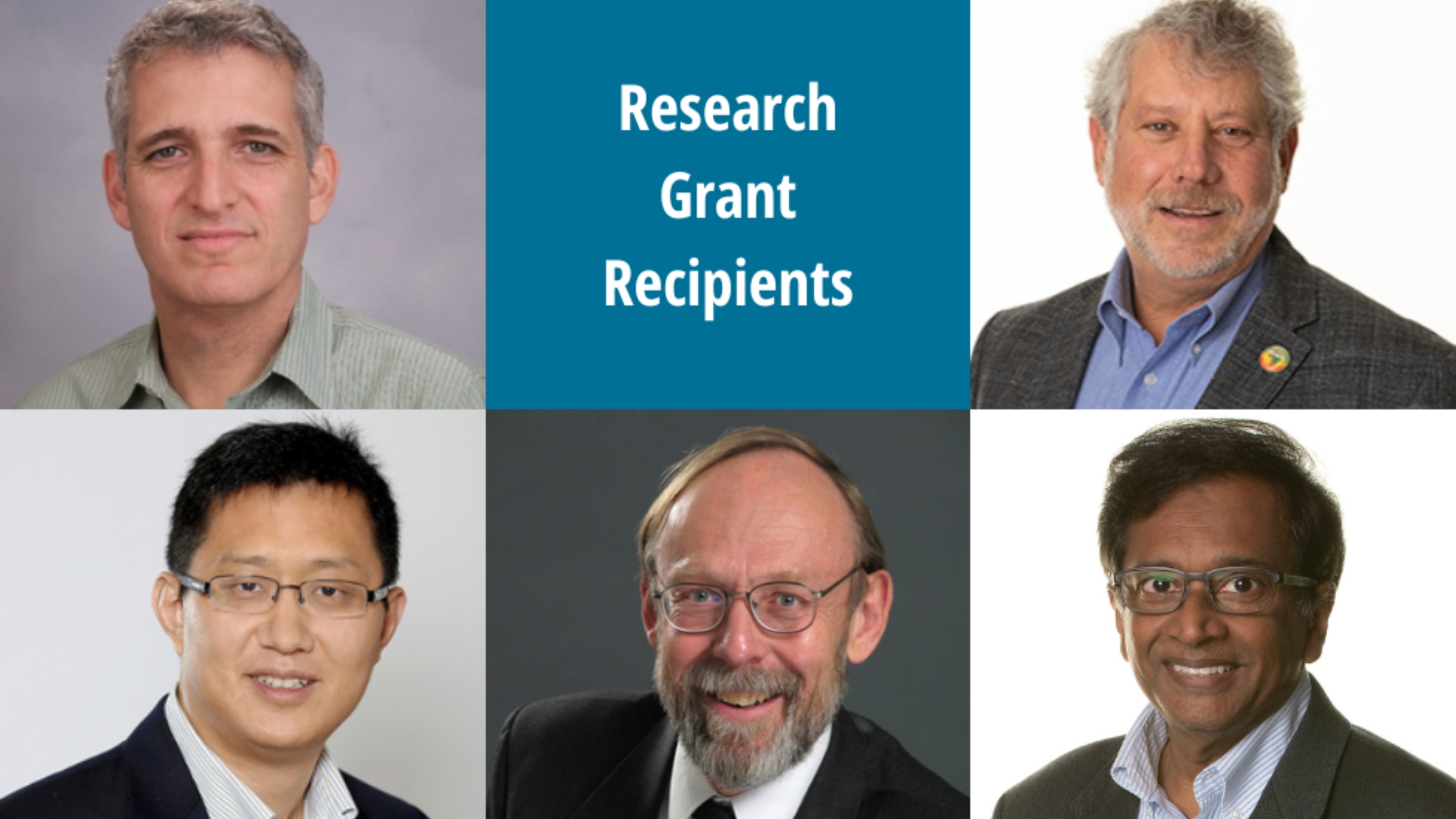 Group of five DeGroote business researchers, with the title 'Research Grant Recipients' displayed.