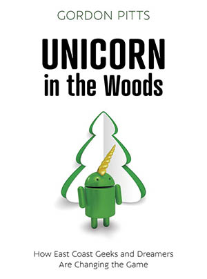 Book cover of 'Unicorn in the Woods' featuring a tree with an android logo and a unicorn horn, symbolizing innovation and dreams.