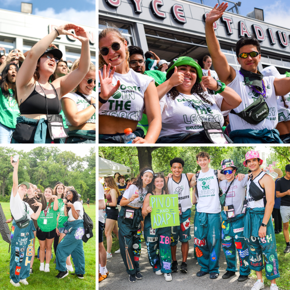 A vibrant collage showcasing DeGroote students in green and white, celebrating and enjoying Welcome Week festivities.