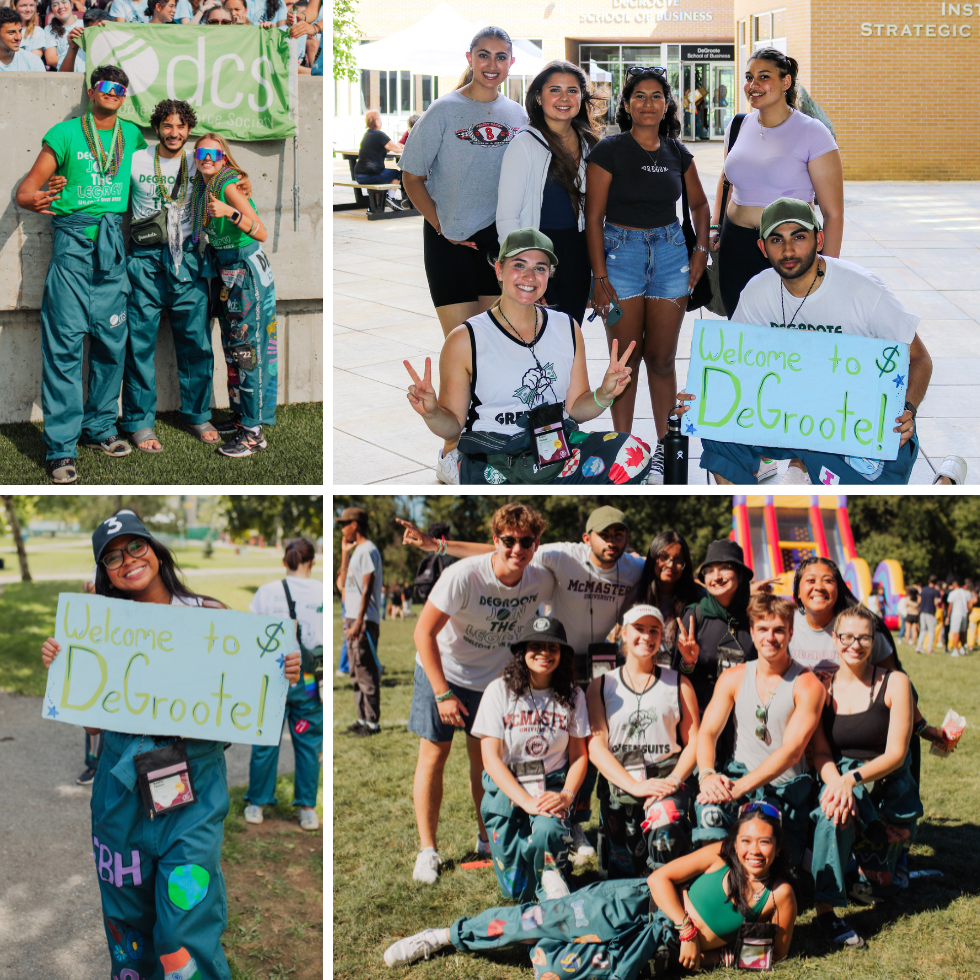 A colorful collage featuring DeGroote students and GreenSuits in green and white, highlighting their joyful experiences at Welcome Week.