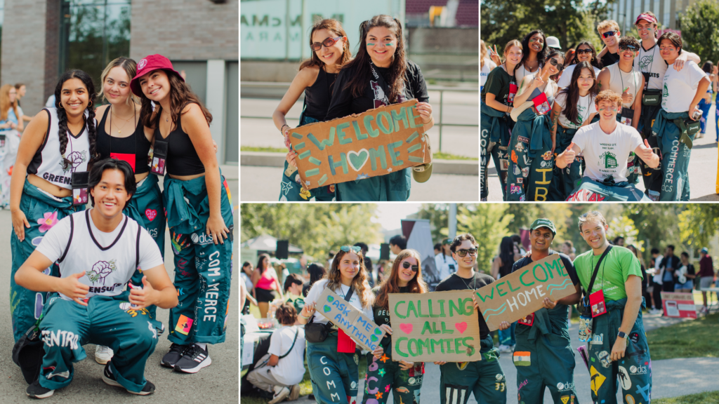 A vibrant collage featuring DeGroote commerce Greensuits students holding signs and posing together during welcome week.