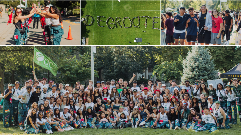 A vibrant collage showcasing happy students and flags, celebrating new DeGroote commerce students during welcome week.