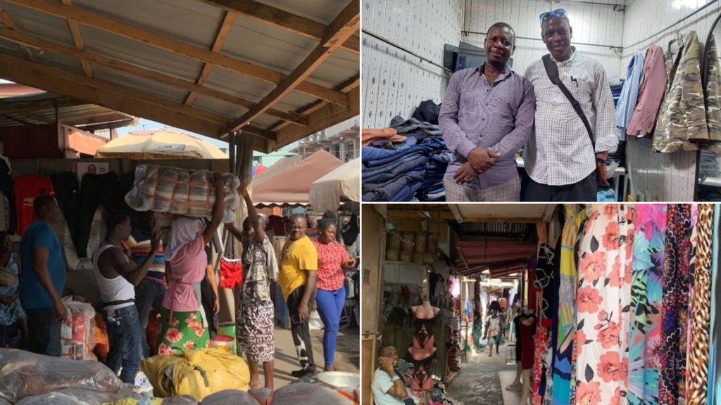 Three photos illustrating people engaging in commerce at Kantamanto Market, with a focus on used clothing and a shop owner.