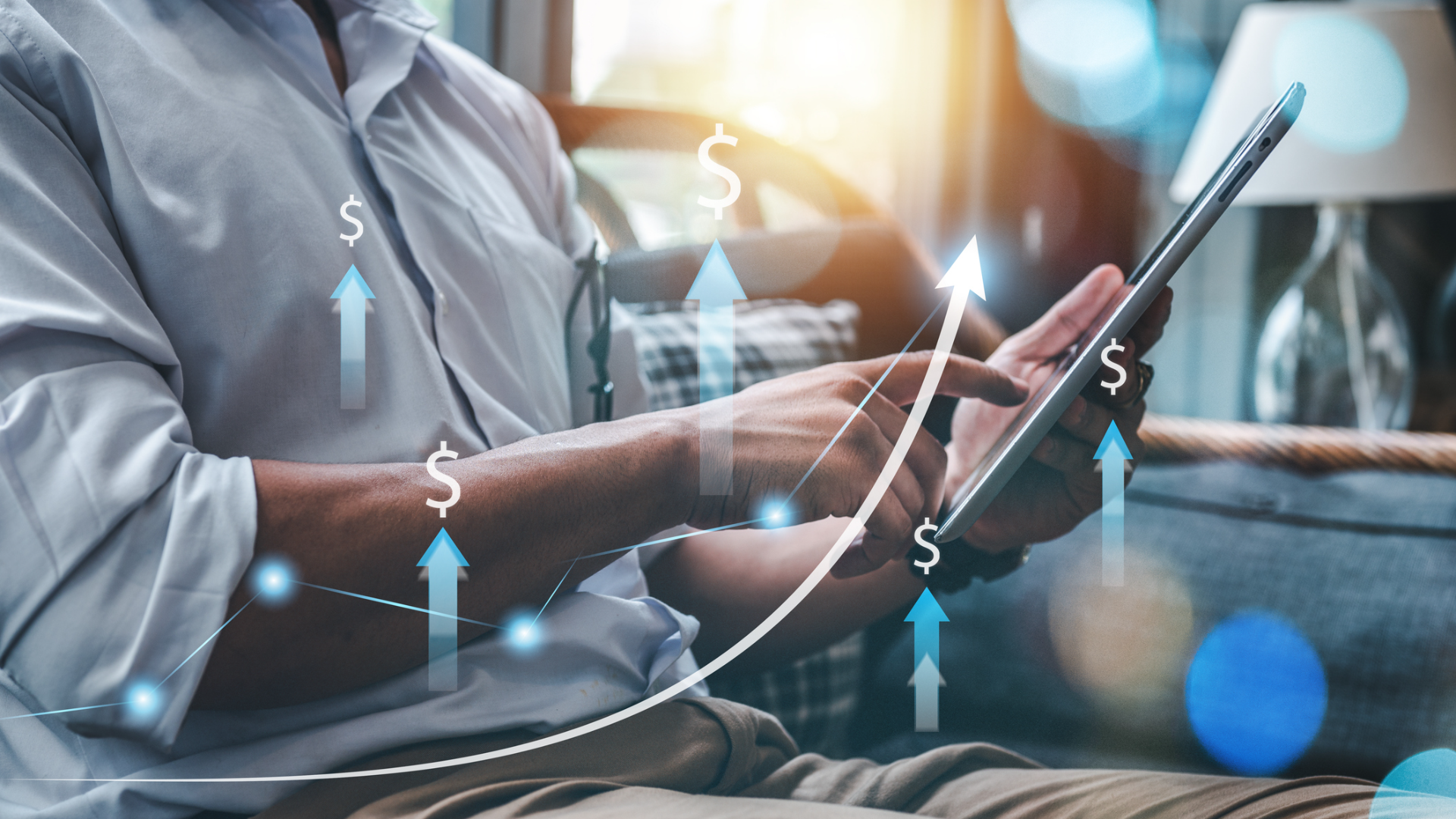 A man analyzes data on a tablet, surrounded by arrows and graphs illustrating trends.