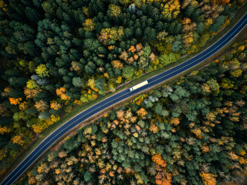 aerial view of big truck on a road