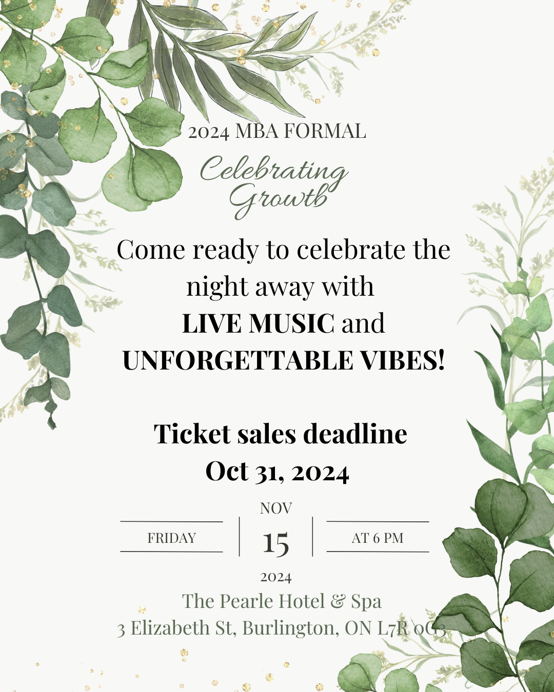 Event infographic featuring the date: November 15th at The Pearle Hotel and Spa, located in Burlington, Ontario.