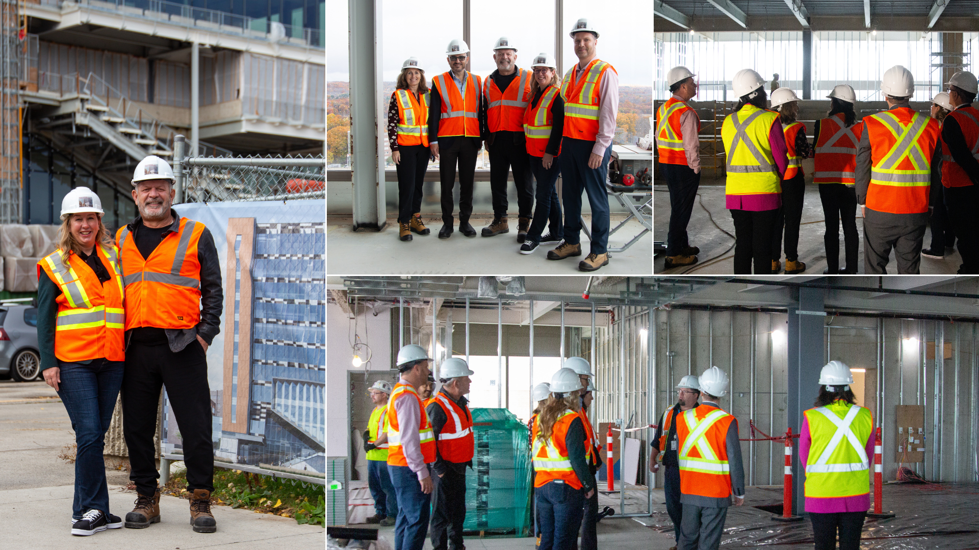 John Marinucci, Sarah Vienot, and DeGroote faculty in safety gear touring the under-construction Marinucci Entrepreneurial Studio.