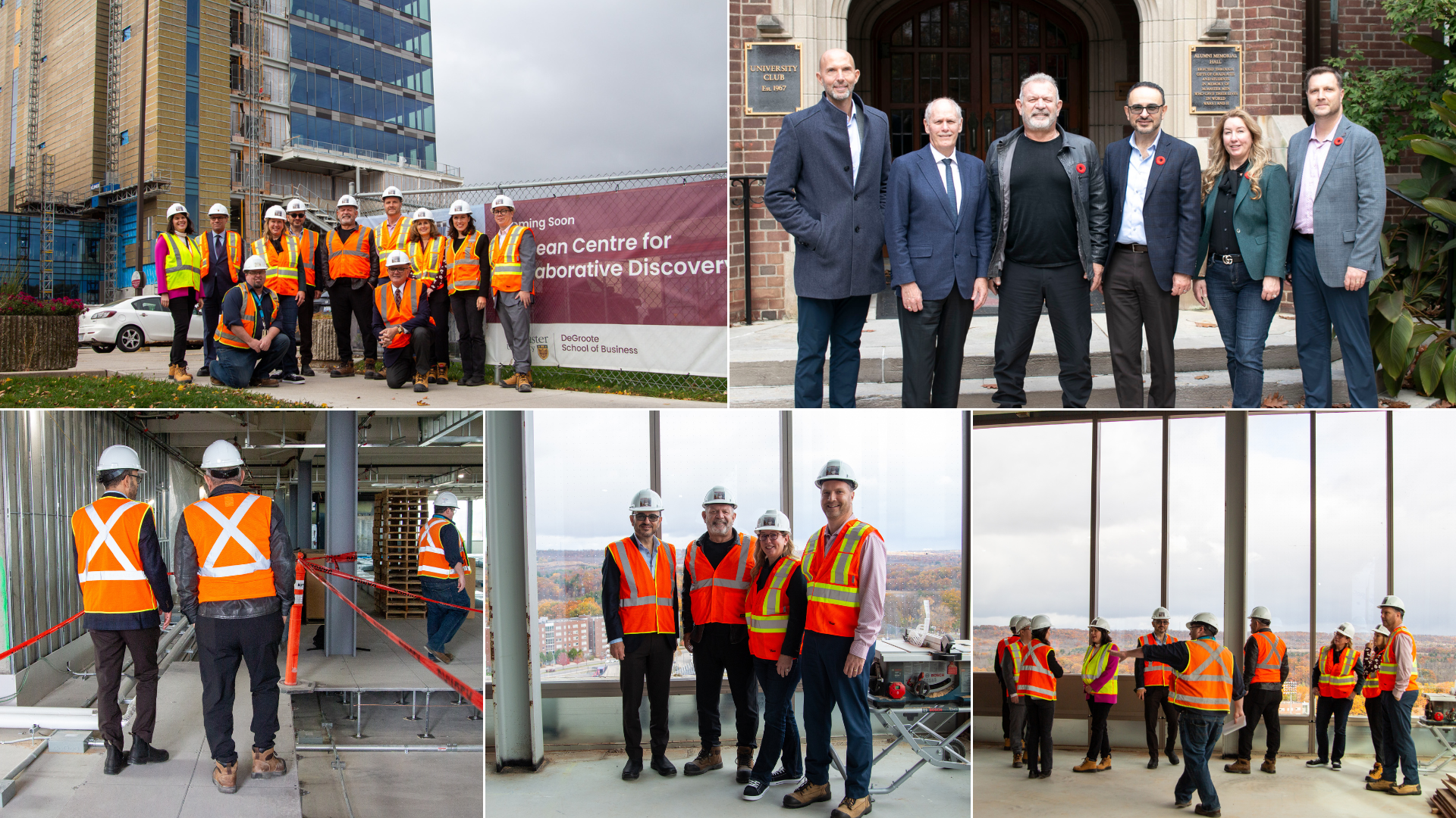 Collage of John Marinucci, Sarah Vienot, and DeGroote faculty in safety gear at the construction site and touring different floors.