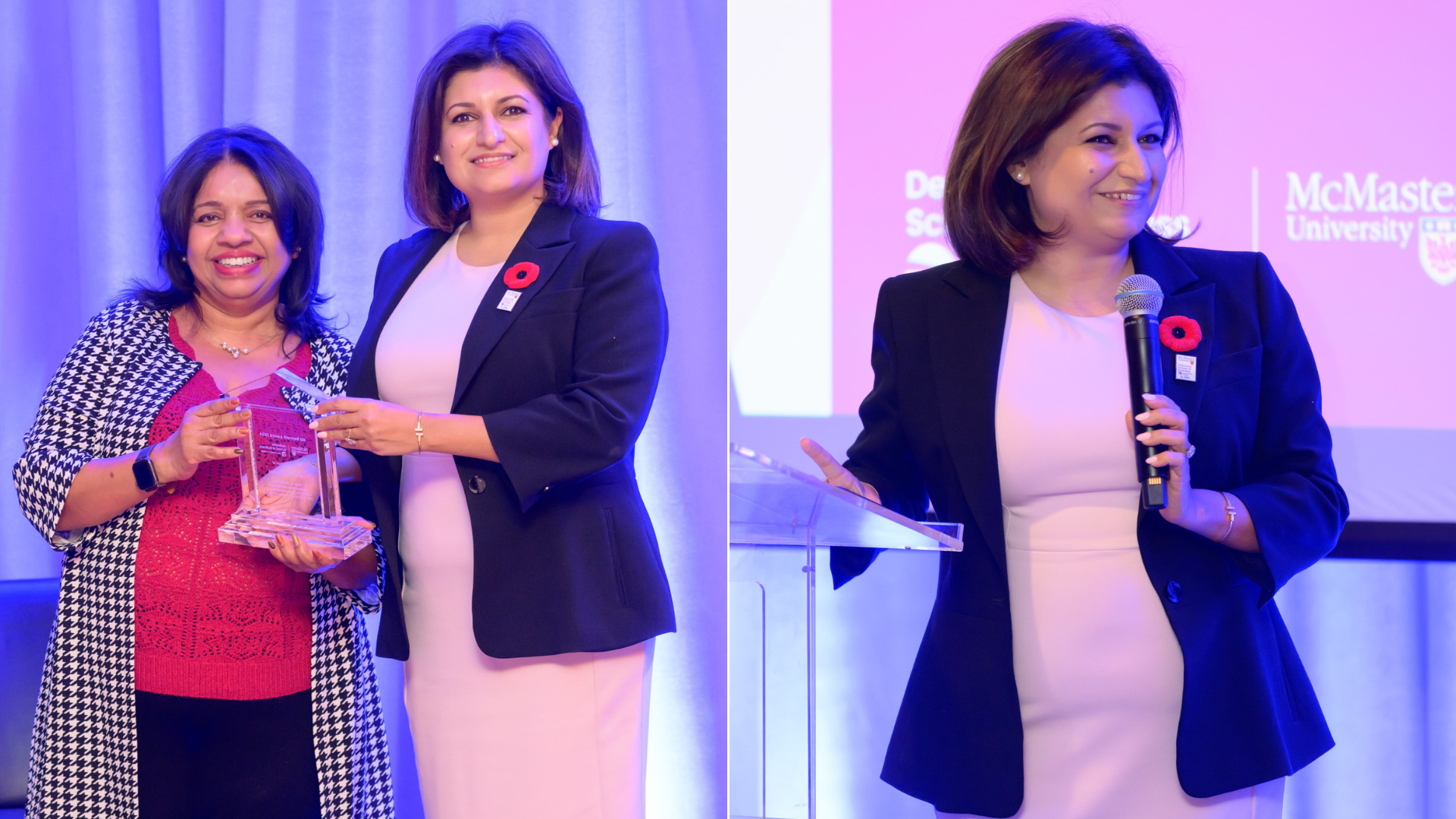 One woman presenting another woman with an award.