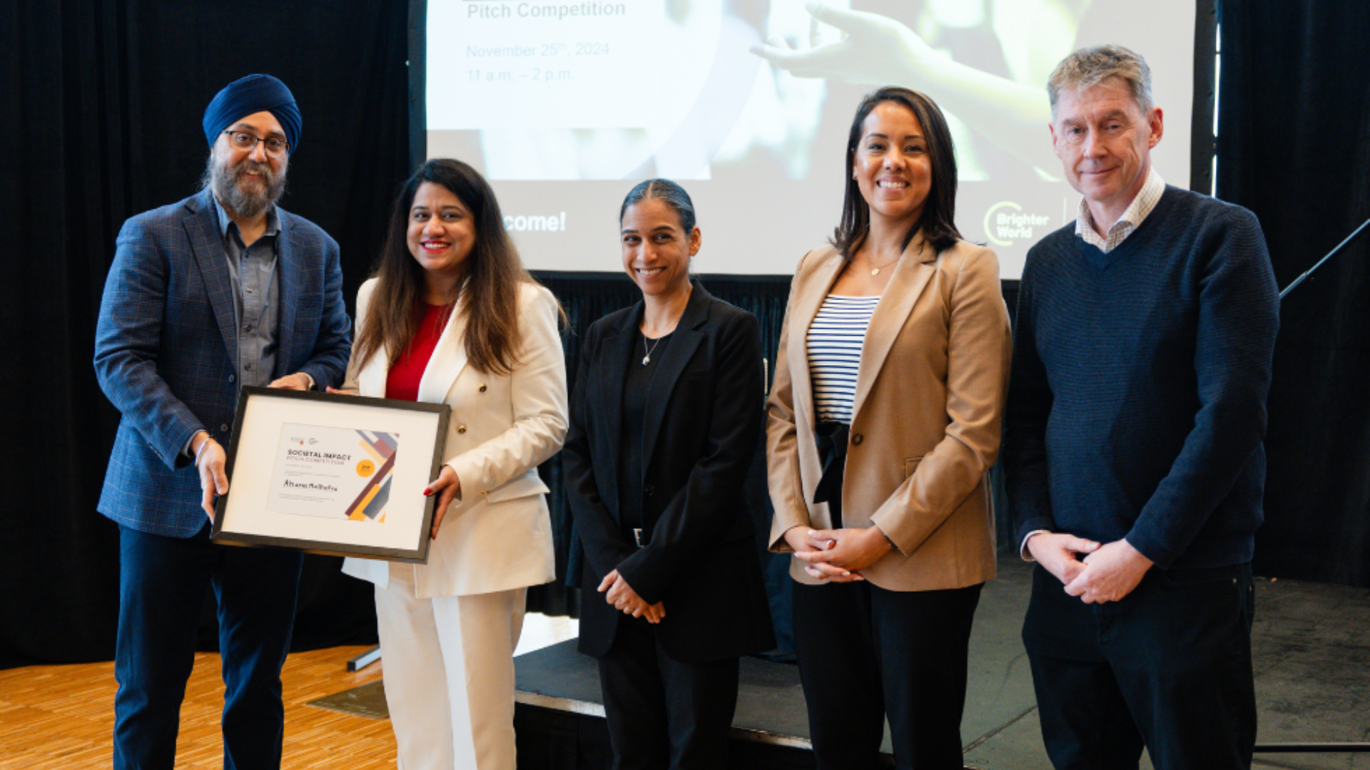 From left: AVP of Research (Society & Impact) Sukhvinder Obhi; PhD student Ahana Malhotra; associate professor Michelle Phoenix; Rachelle Ihekwoaba, manager of community strategies for the City of Hamilton; and Stephen Heathorn, associate dean of the Faculty of Humanities.