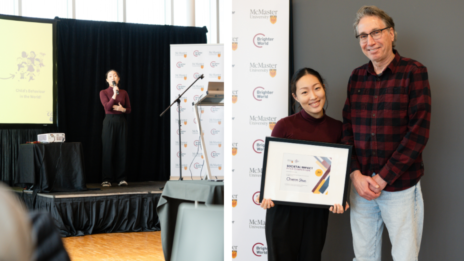 At left: Chaeeun Shin presents her pitch. At right: Shin holds her award certificate next to her supervisor, professor Louis Schmidt from Psychology, Neuroscience and Behaviour.