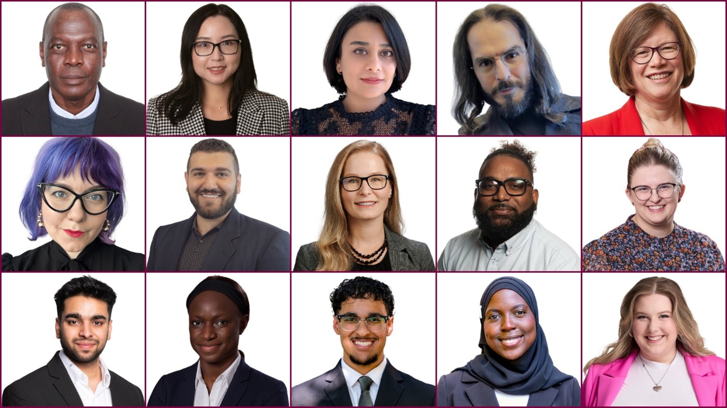 Collage of 15 headshots of student and professor leaders for the Equity, Diversity, and Inclusion Advisory Council.