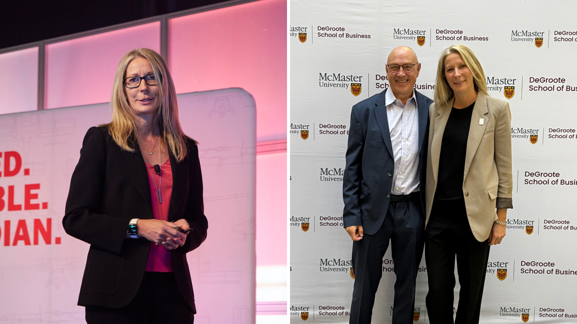 Nancy Barber speaking and posing with a colleague