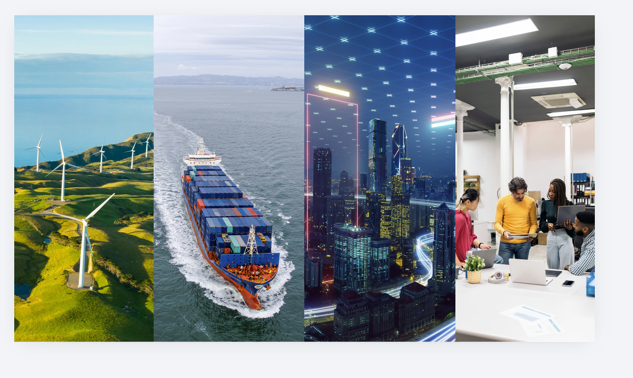 4 photos side by side: windmills, a boat, the city, and people working