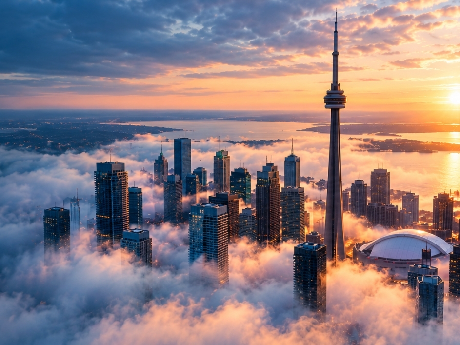 Aerial view of Toronto's skyline with cloud cover